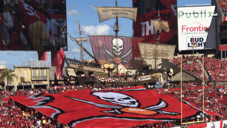 a large pirate ship in a football stadium