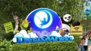 rendering of a big cartoon sign at an amusement park. A large green Shrek figure and kung fu panda figure are represented on either side