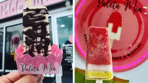 A chocolate covered pop, and a pink, white and green watermelon pop.