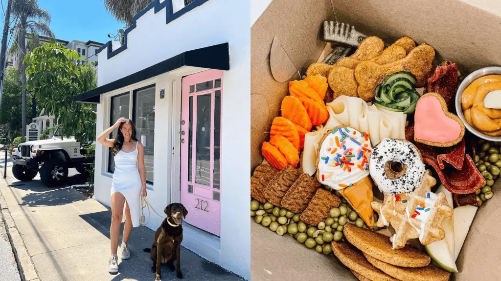 a woman and her dog stand outside a bakery, a box filled with dog treats.