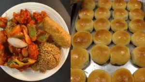 plate of hot glazed pork buns, next to a plate of chicken covered in sauce and veggies