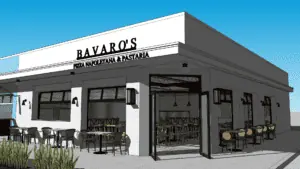 rendering of a restaurant with large bay doors and a sign that reads Bavaro's in black letters.