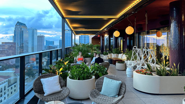 rooftop terrace with skyline views