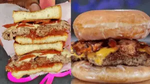 a burger served on a glazed donut bun, another burger covered in pepperoni and red sauce