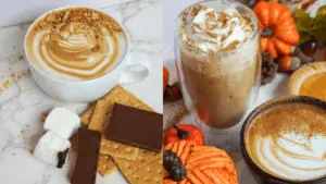 two coffee drinks surrounded by pumpkins and foliage