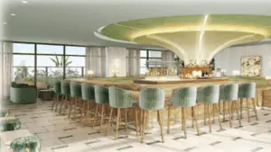 Rendering of a rooftop bar with lush seating and lights overhead