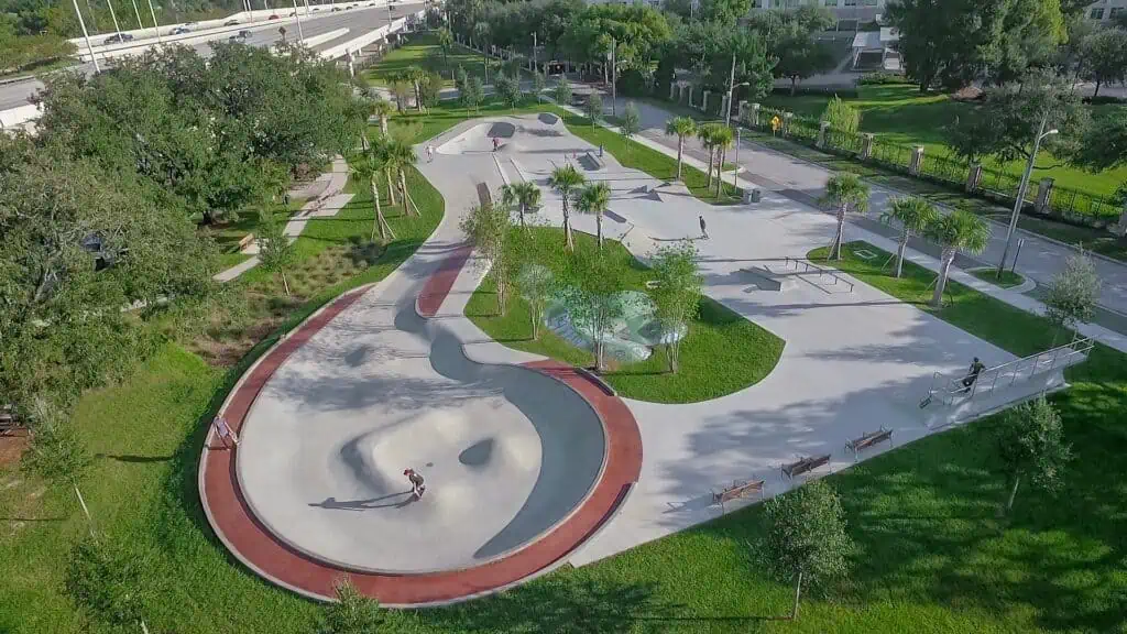 Aerial view of a skatepark