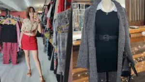 a woman stands for a mirror selfie inside a thrift store