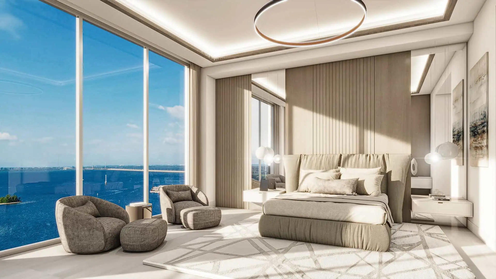 rendering of a large bedroom with a water view