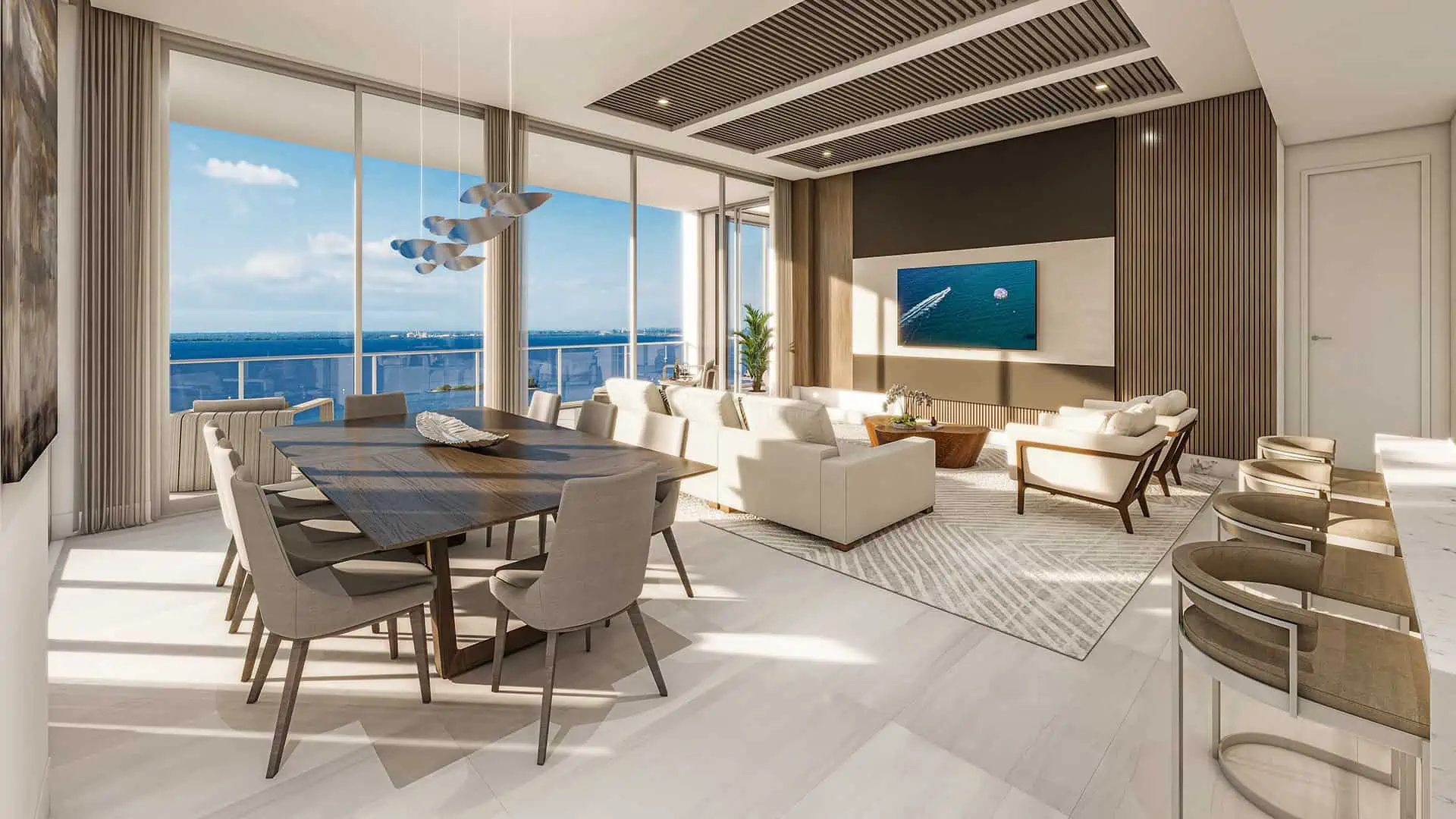 Rendering of a large living room area with couches set along an open window with a water view