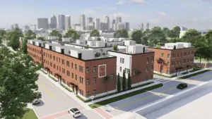 rendering of a town home development with brick buildings