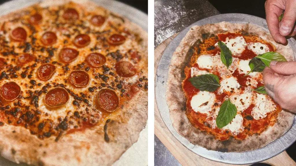 two pizzas side bay side, one is a pepperoni pizza and the other is a Margherita.