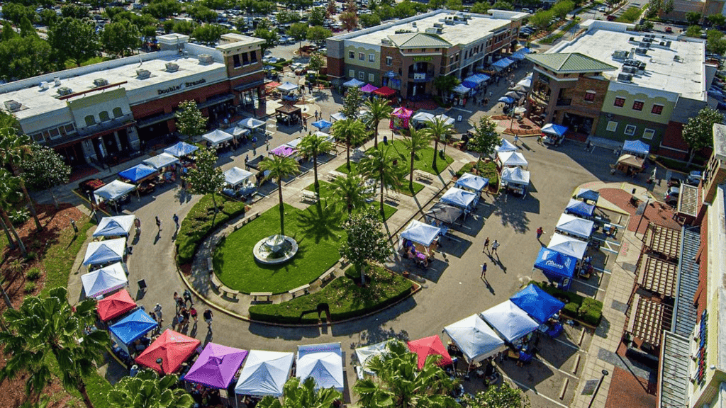 aerial view of a large farmers market