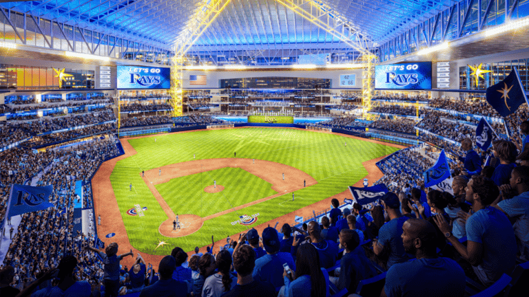 Rendering of a ballpark with fans in attendance
