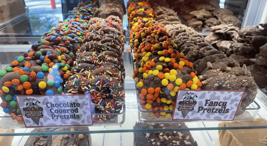 array of chocolate covered pretzels topped with Reeses Pieces and M&Ms. 