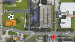 aerial map of Ybor city with a Tampa Super League logo placed over a park