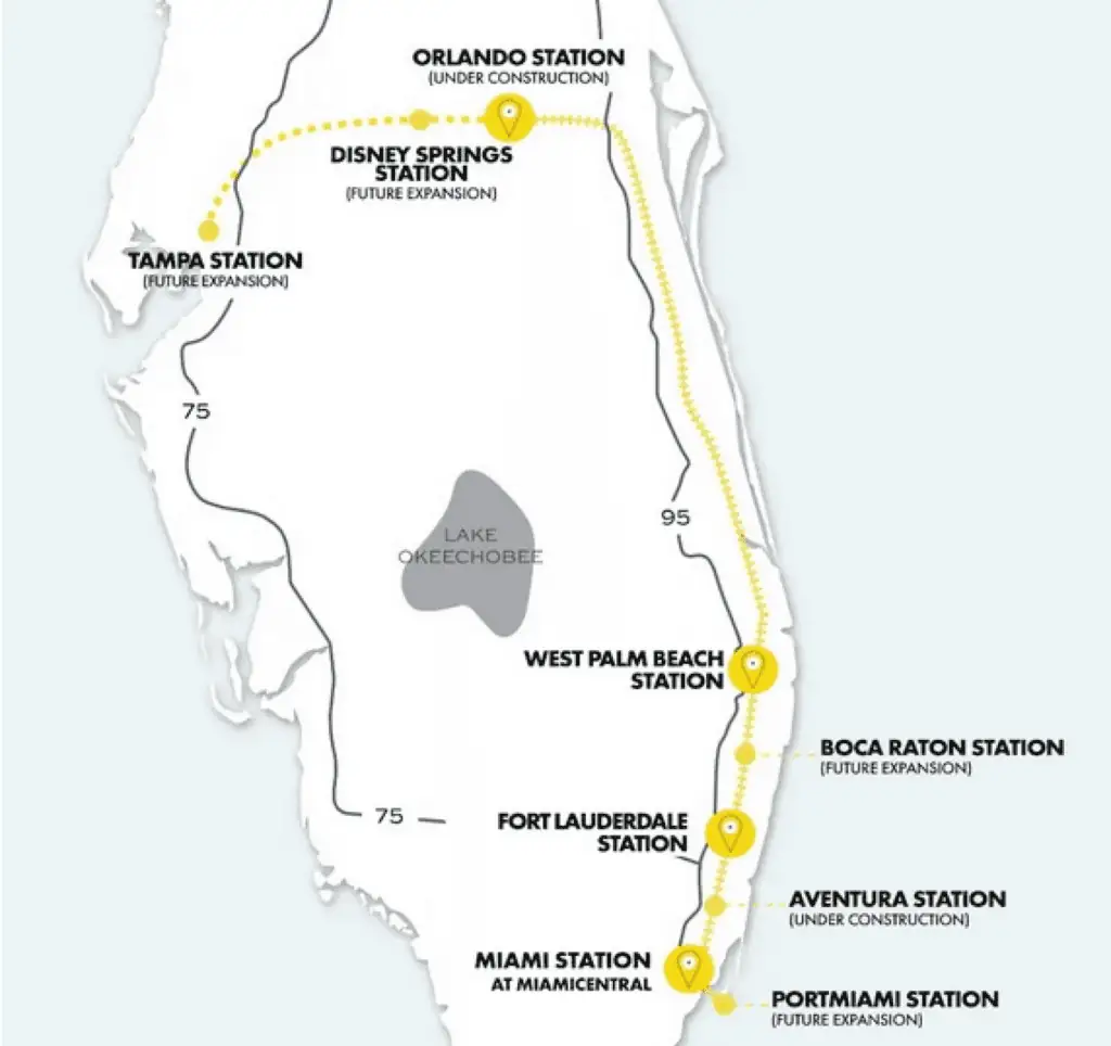 a map showing route extensions for a train in florida