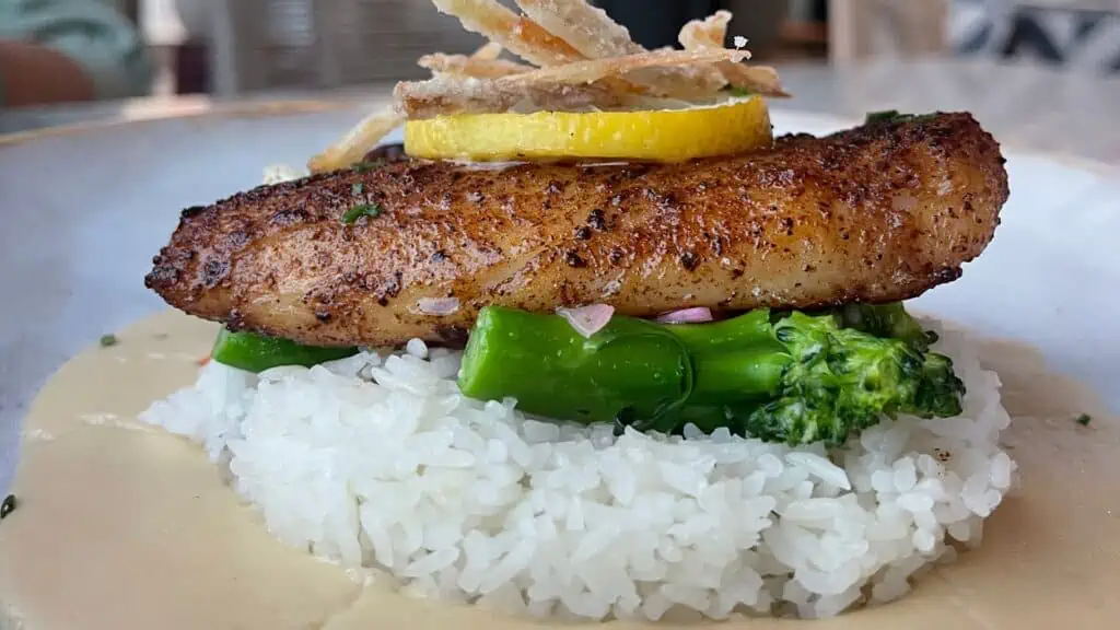 a piece of grilled grouper on a bed of rice and veggies