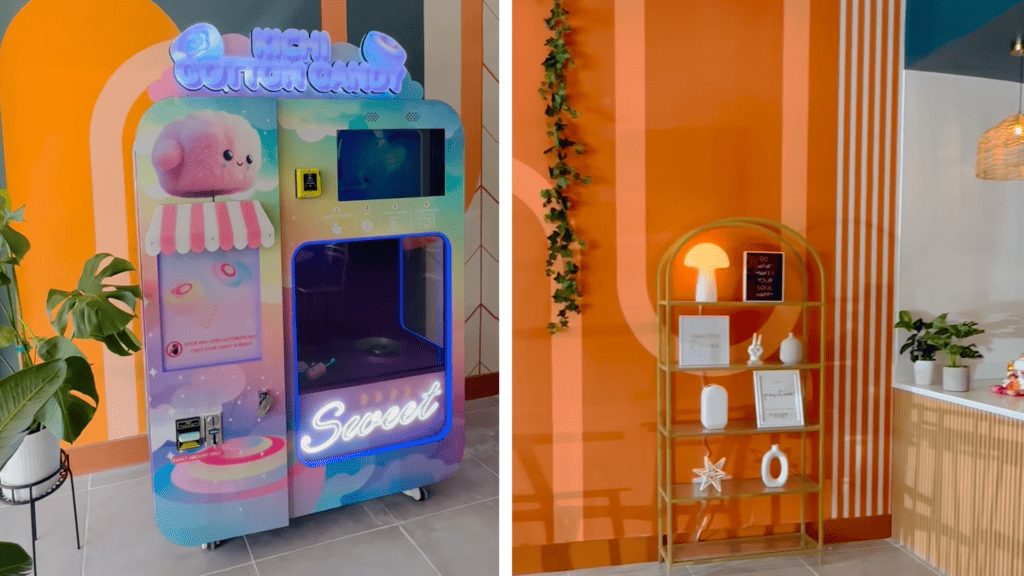 interior of a dessert bar with a full cotton candy machine