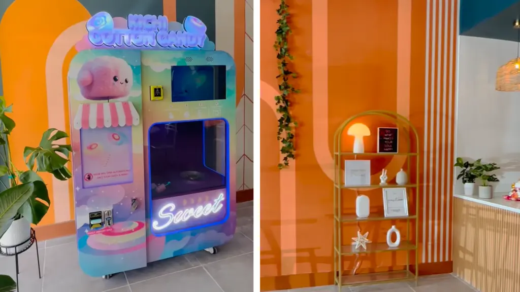 interior of a dessert bar with a full cotton candy machine