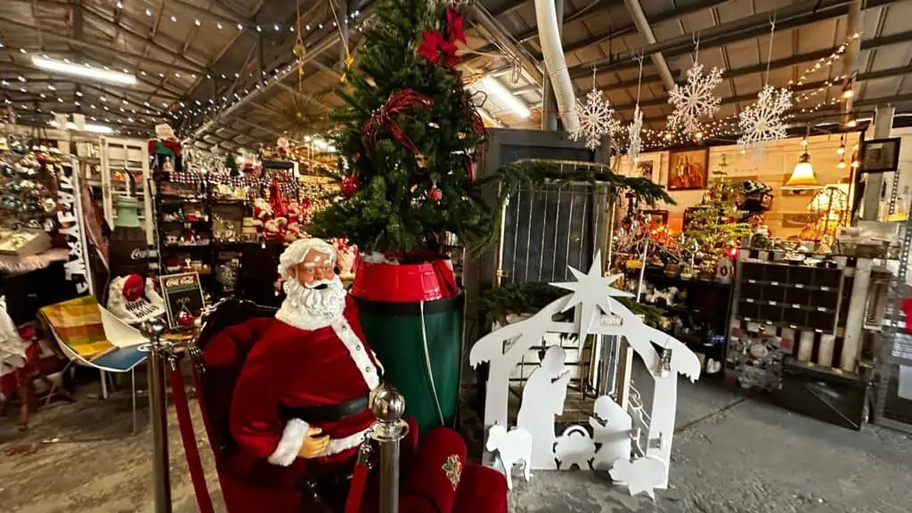 Christmas decor inside a large warehouse