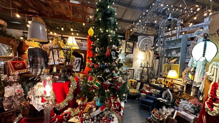 a large Christmas tree surrounded by vintage holiday decorations