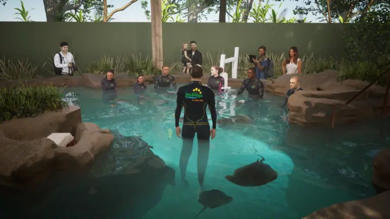 rendering of a stingray habitat with guests interacting with the animals