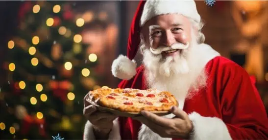 Santa holding a pizza