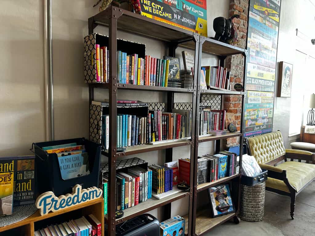 Books lined the shelves of a small independent bookstore