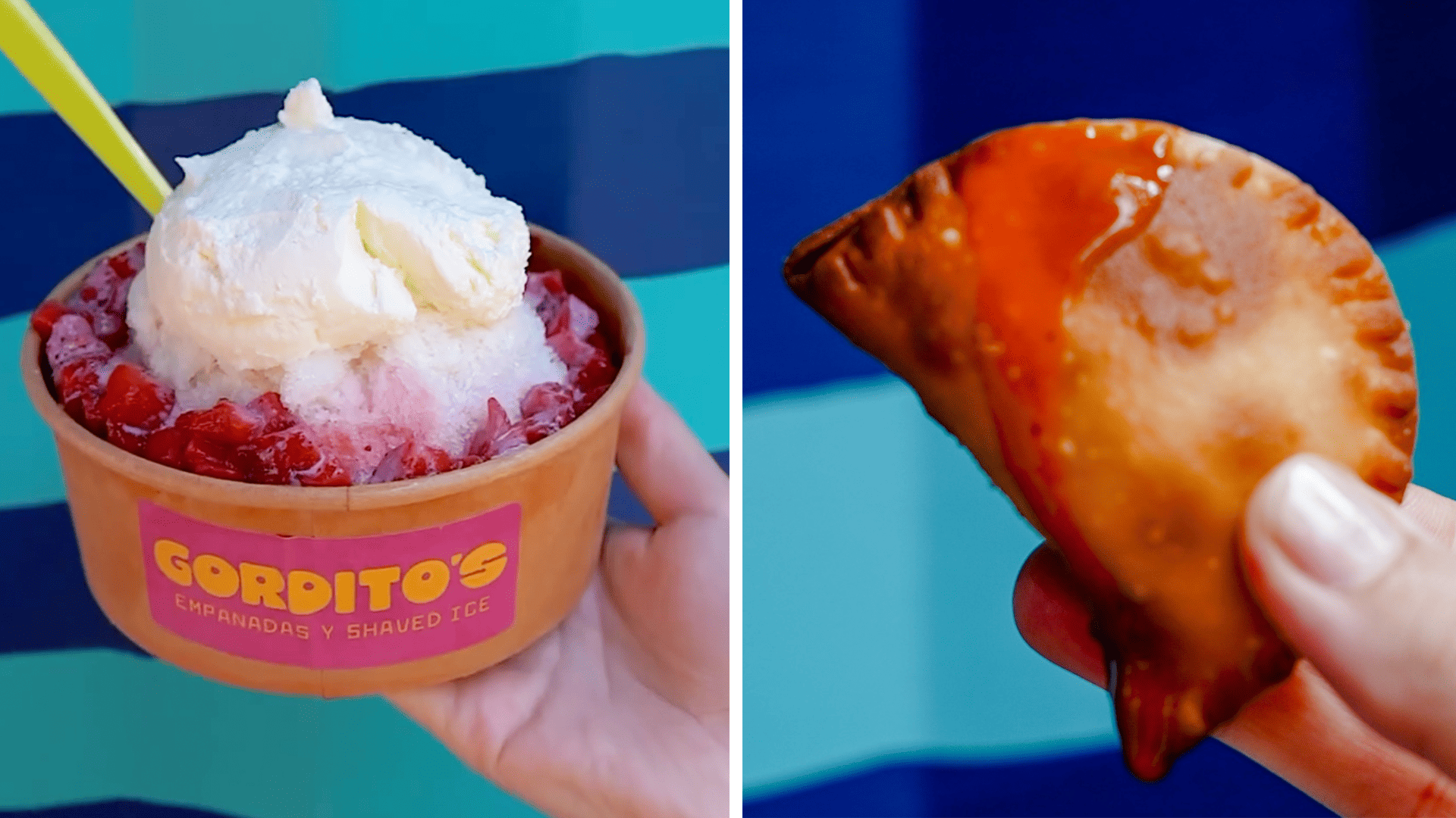 a cup of shaved ice with strawberry, and an empanada covered in sauce