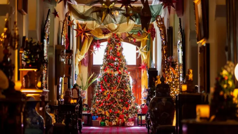 a big Christmas tree in a museum with red carpets
