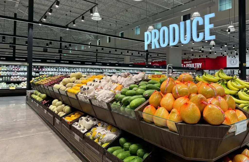 a produce section at a grocery store