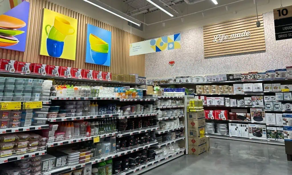home goods, pots and pans and more on display inside a grocery store