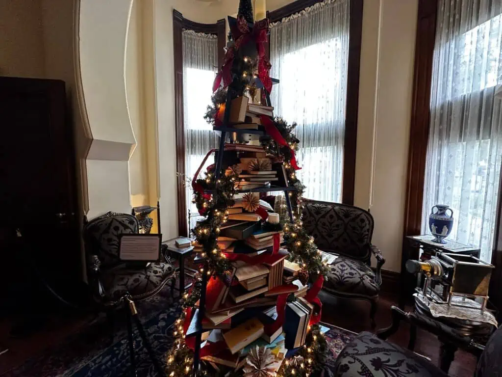 books stacked in the form of a christmas tree