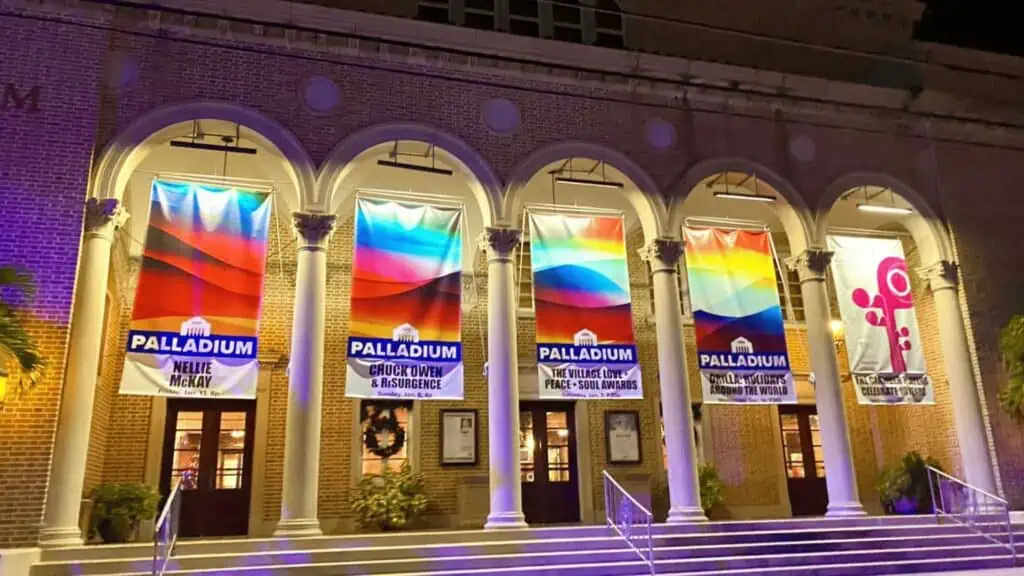 The Palladium theater lit up for the holidays
