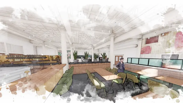 rendering inside a large dining area at a Food Hall