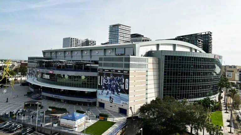 exterior of a sports arena in a downtown area