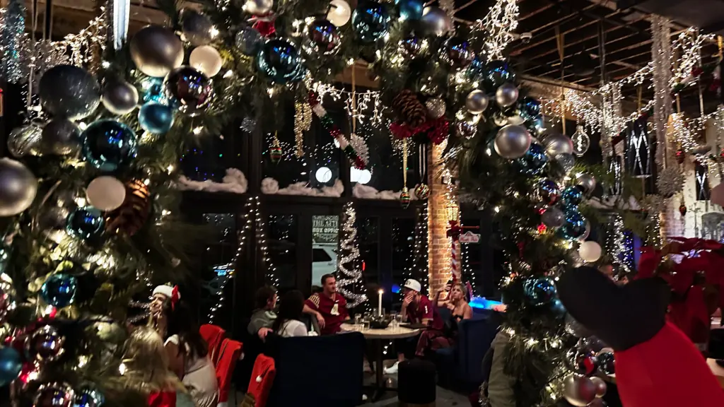Christmas decor inside a restaurant