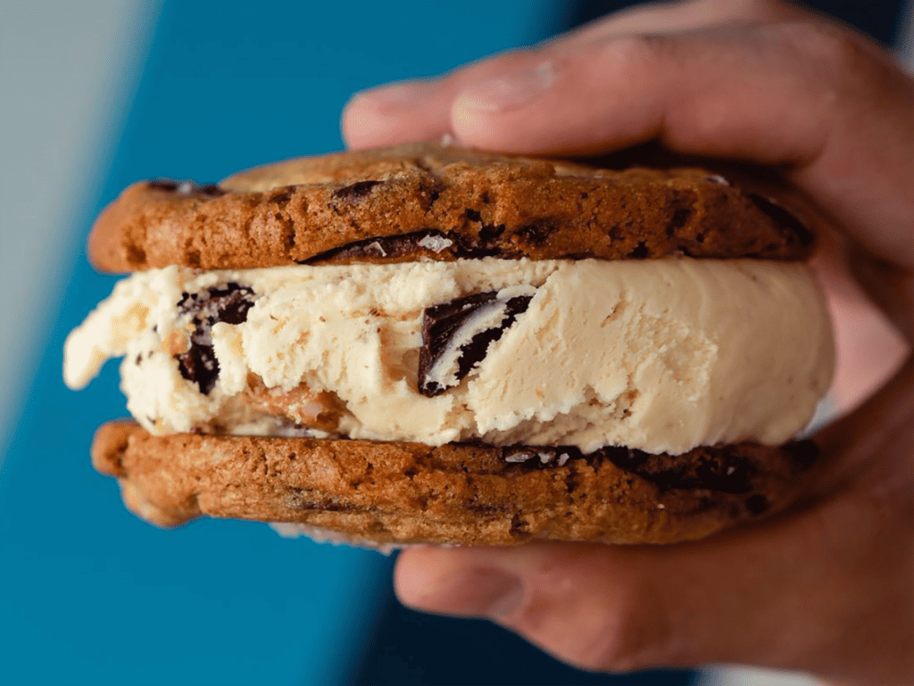 ice cream sandwich with two chocolate chip cookies