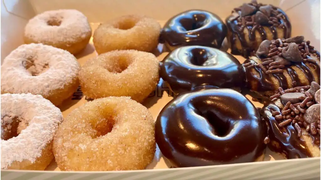 plate of chocolate, powdered sugar, cinnamon and chocolate frosted donuts