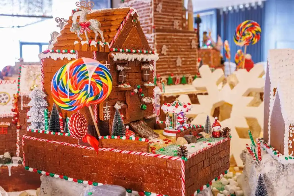 a portion of a large gingerbread village
