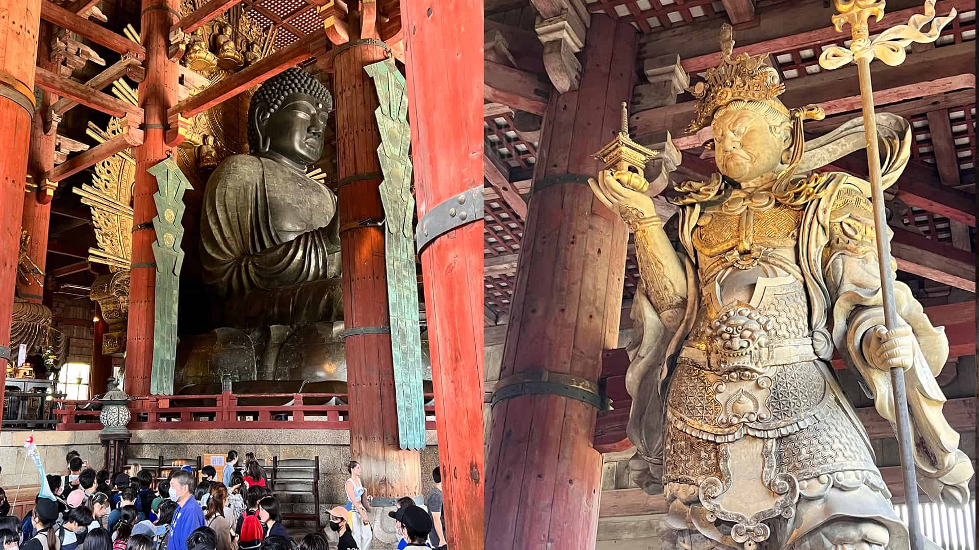 Giant Buddha and statues inside Todaji Temple with tourists surrounding