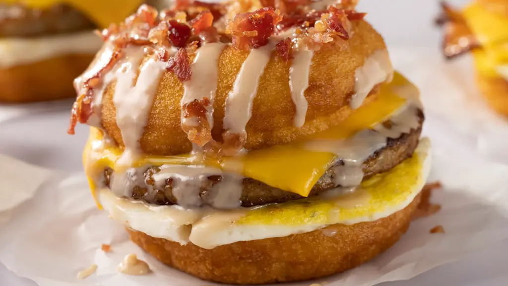 A donut sandwich with bacon on top and a sausage patty in the center