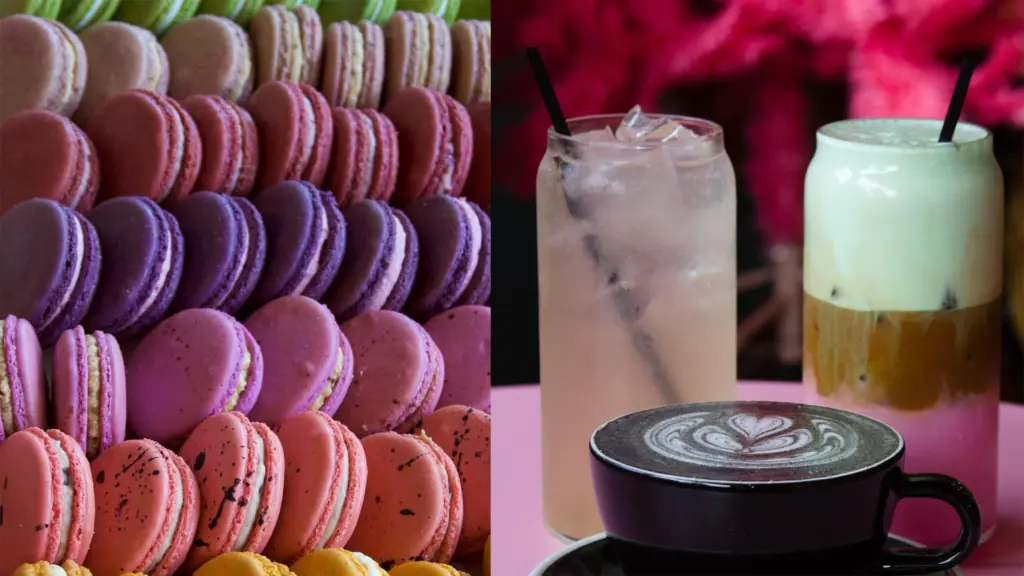 a row of macarons next to 3 different coffee drinks