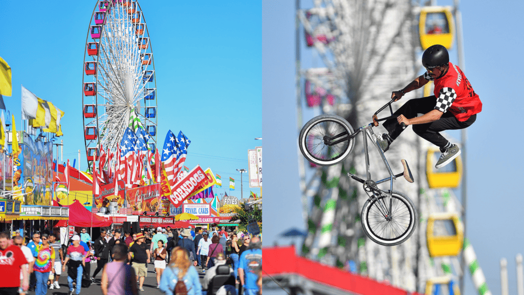 A Ferris Wheel, and a person performing a high jump on a bicycle