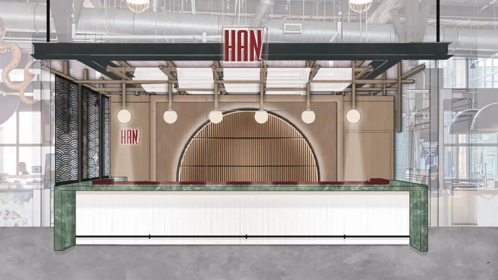 rendering of a restaurant stall with a red sign over the counter that reads "Han"