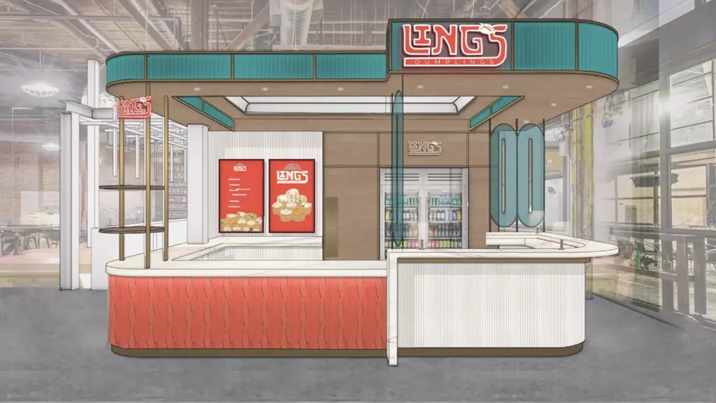 rendering of a restaurant stall inside of a food hall with a teal awning