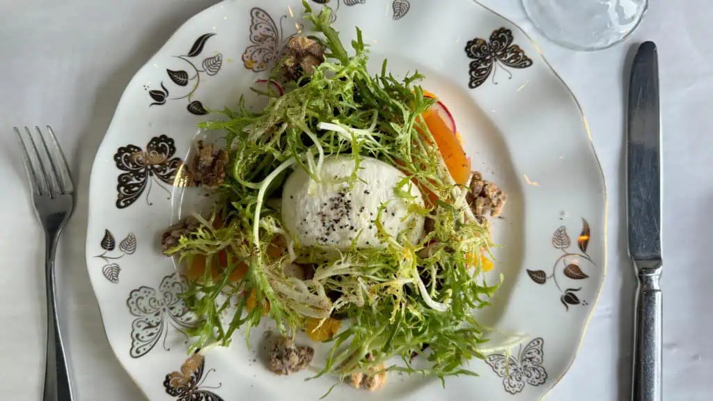 burrata and salad with nuts and more on a white porcelain plate