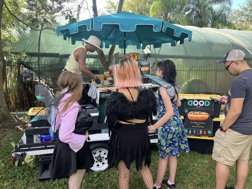 shoppers dressed in magic-themed costumes line up at a food vendor at an outdoor market