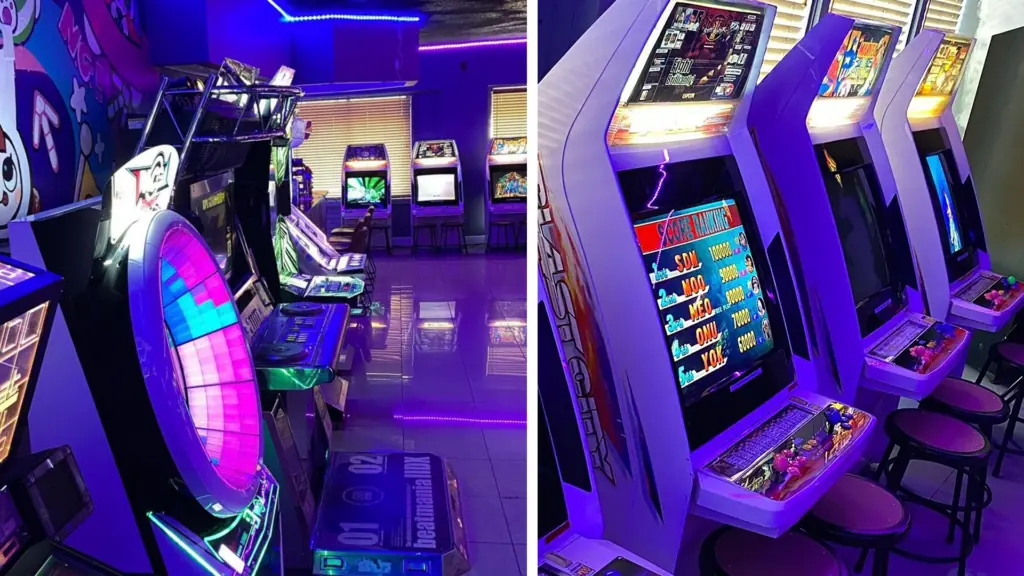 rows of arcade machines under purple lights